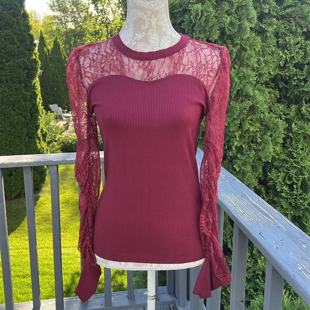 Red Burgundy Lace Sleeve Blouse